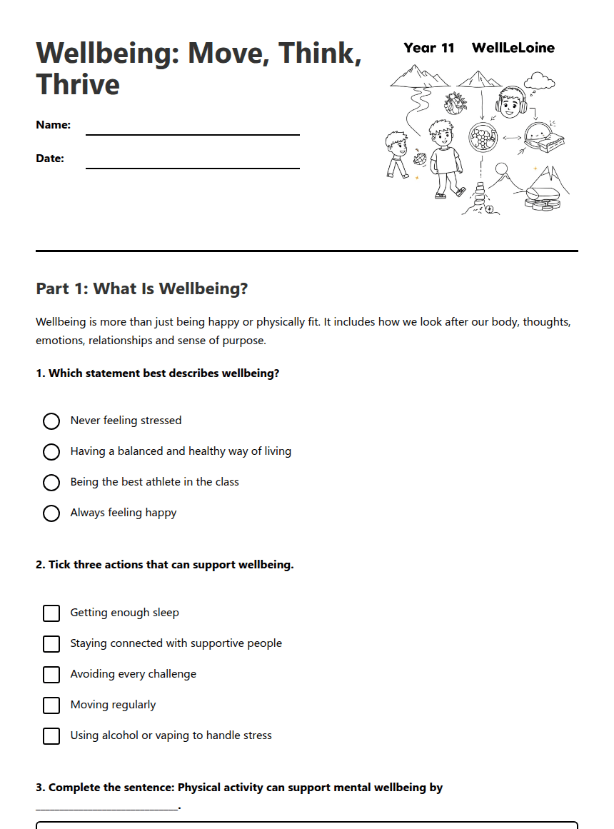 Wellbeing: Move, Think, Thrive worksheet preview