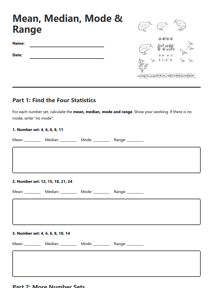 Mean, Median, Mode & Range worksheet preview