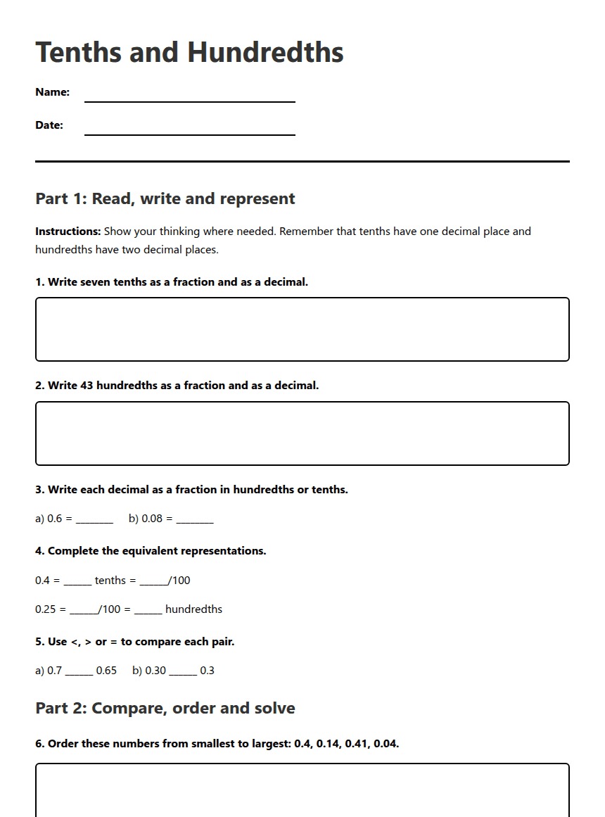 Tenths and Hundredths worksheet preview