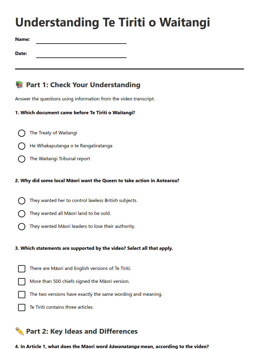 Understanding Te Tiriti o Waitangi worksheet preview
