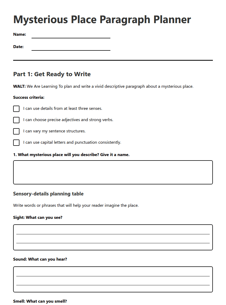 Mysterious Place Paragraph Planner worksheet preview