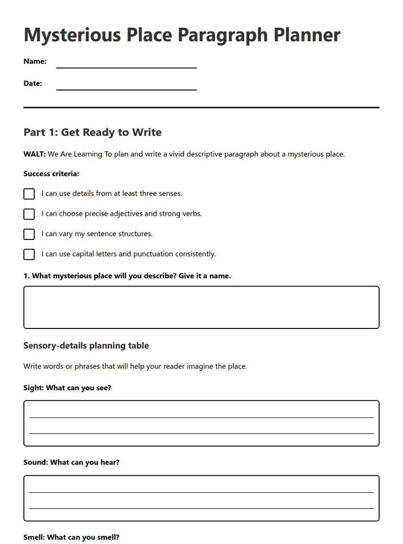 Mysterious Place Paragraph Planner