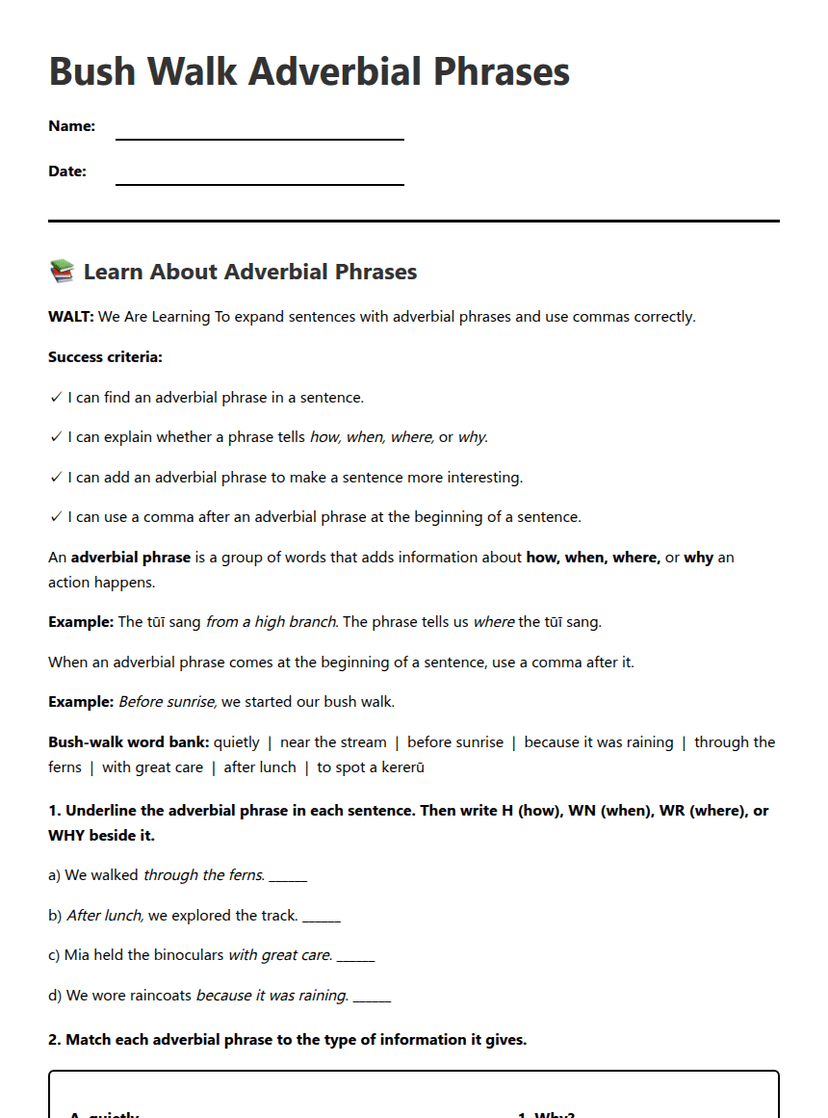 Bush Walk Adverbial Phrases