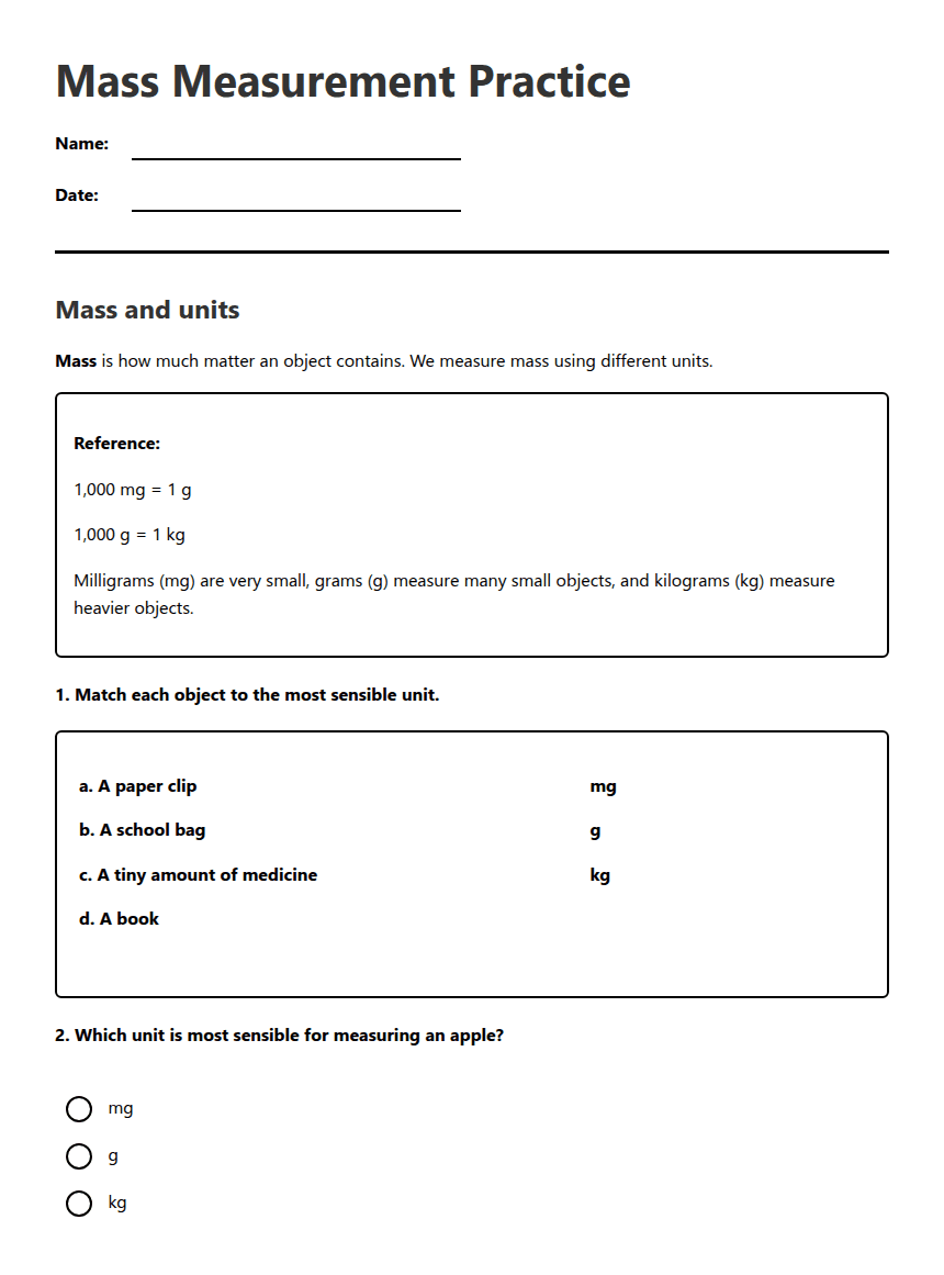 Mass Measurement Practice worksheet preview