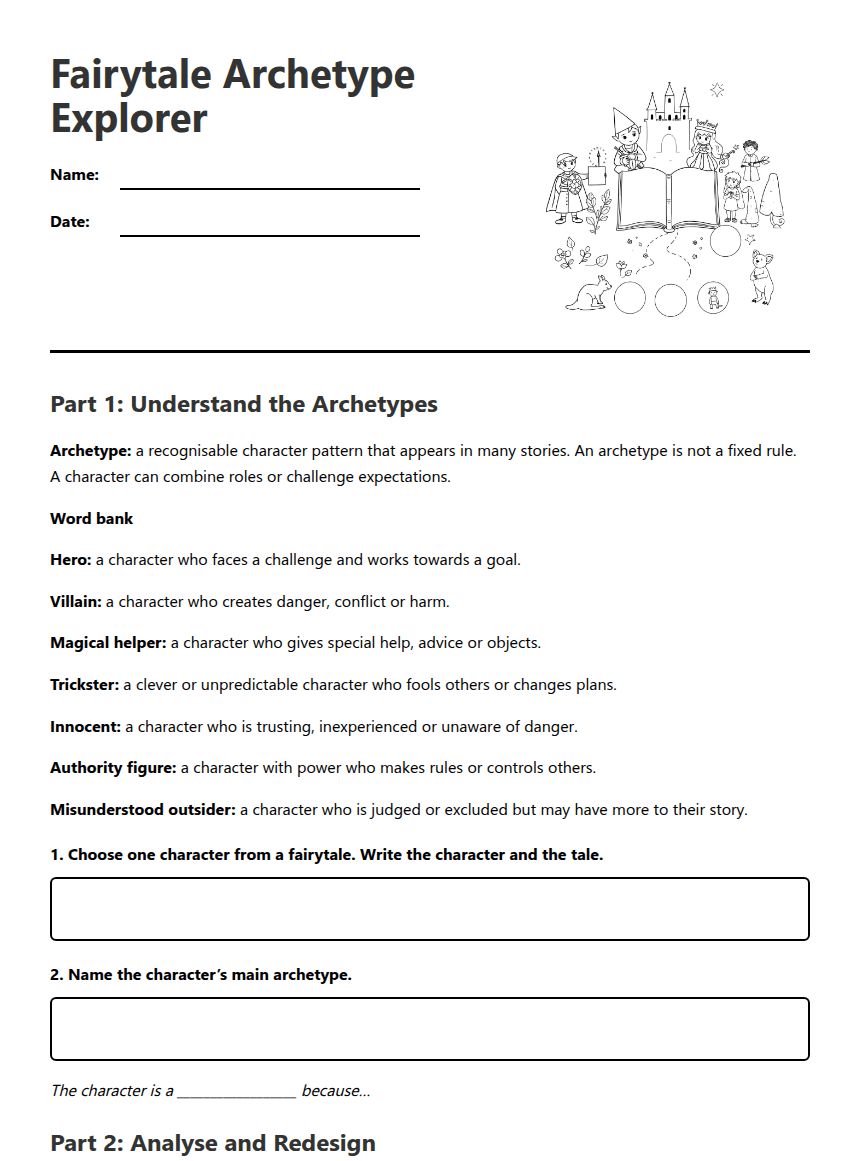 Fairytale Archetype Explorer worksheet preview