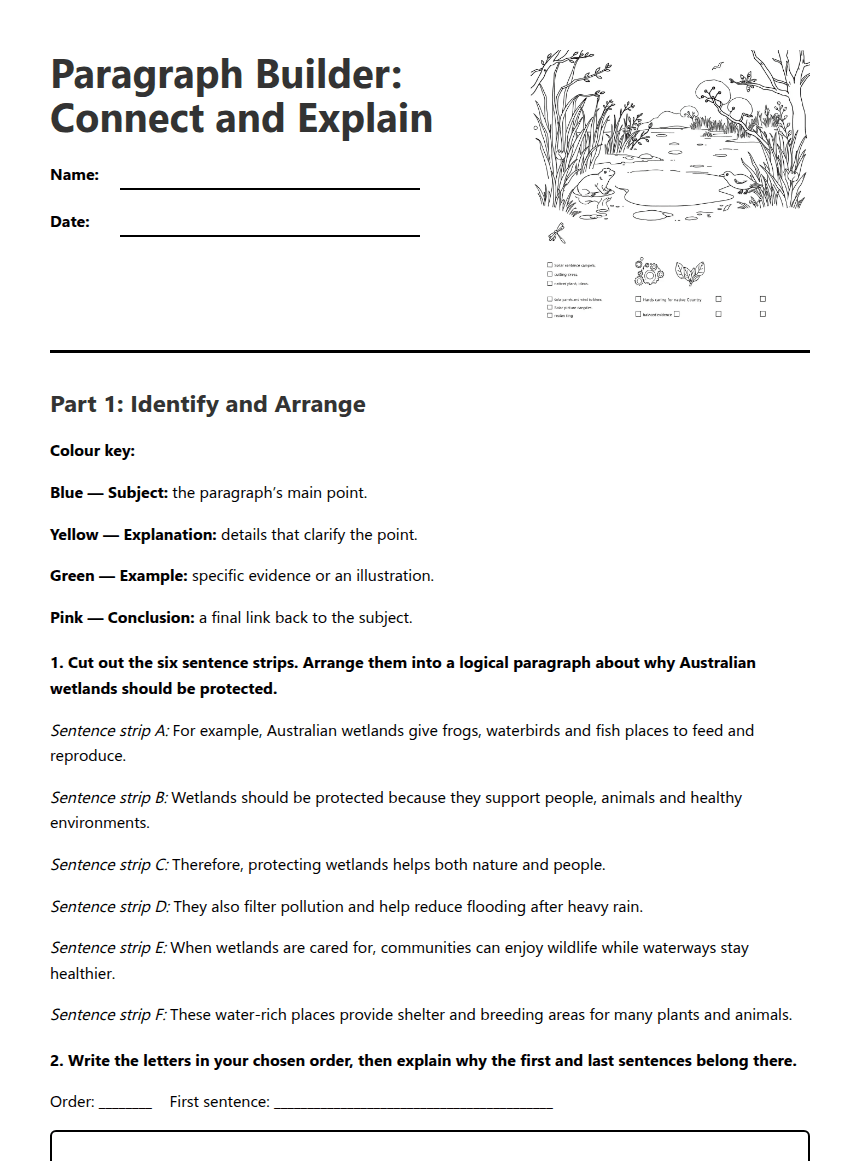 Paragraph Builder: Connect and Explain worksheet preview