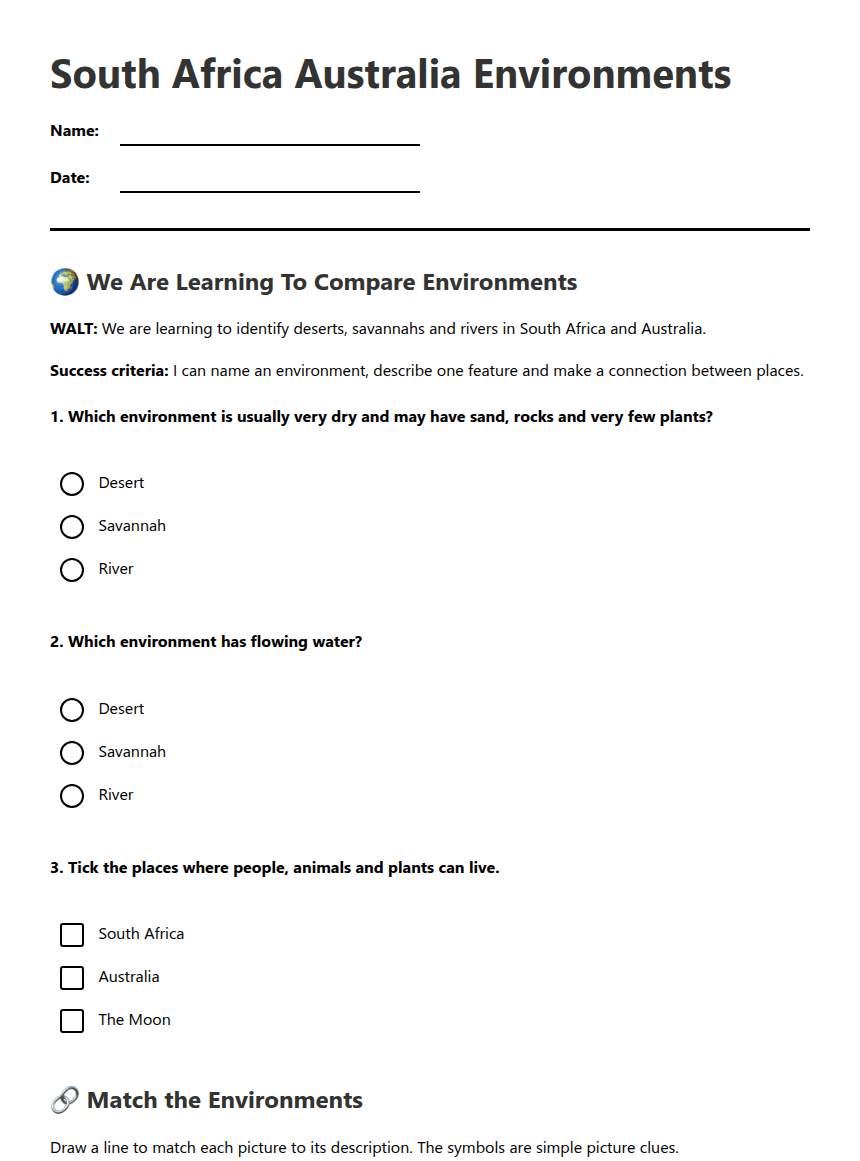 South Africa Australia Environments worksheet preview