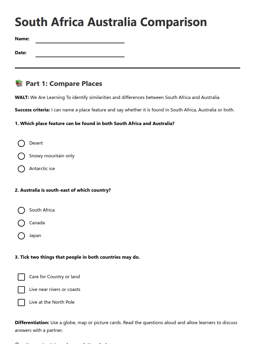 South Africa Australia Comparison worksheet preview