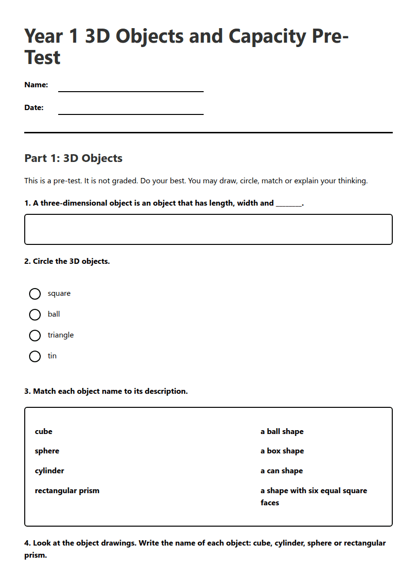 3D Objects and Capacity Pre-Test worksheet preview