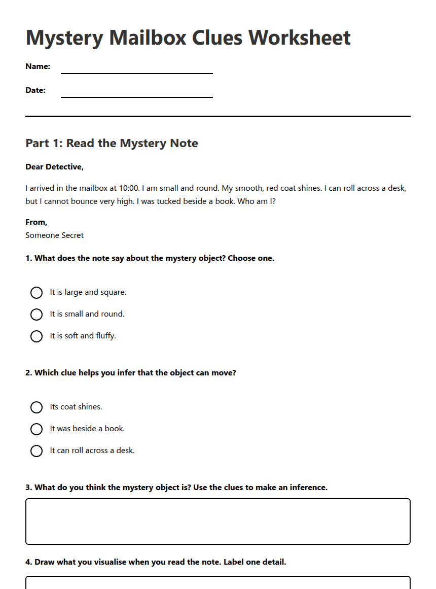 Mystery Mailbox Clues Worksheet worksheet preview