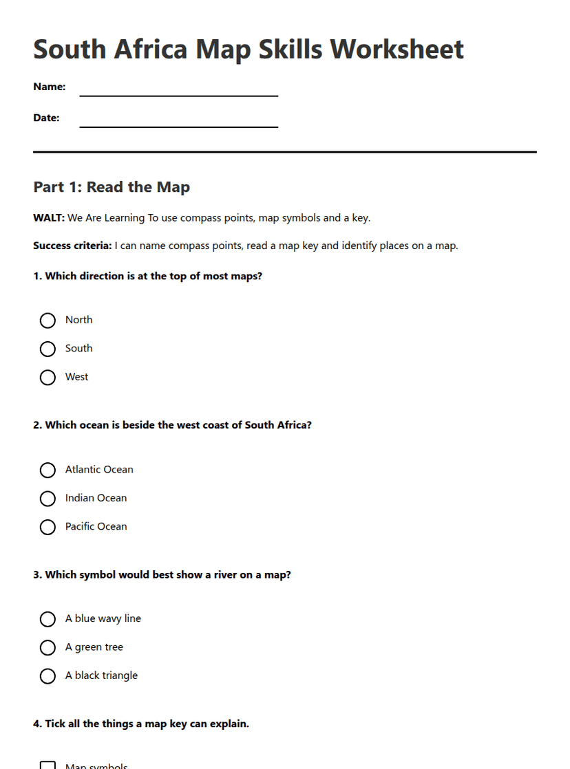 South Africa Map Skills Worksheet
