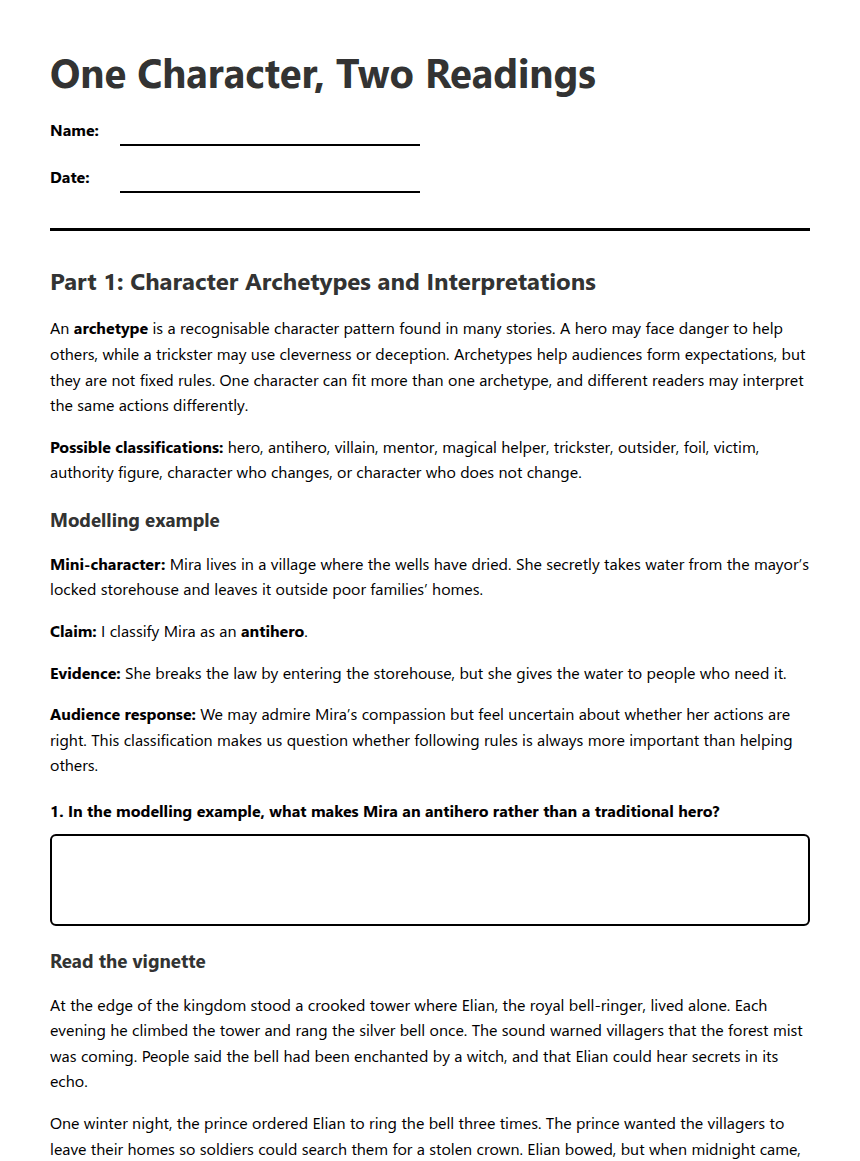 One Character, Two Readings worksheet preview