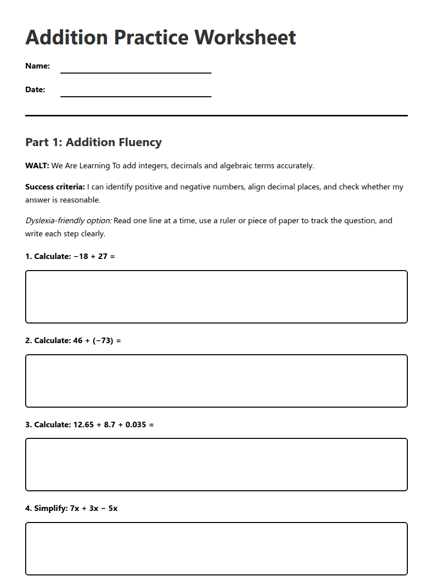 Addition Practice Worksheet worksheet preview