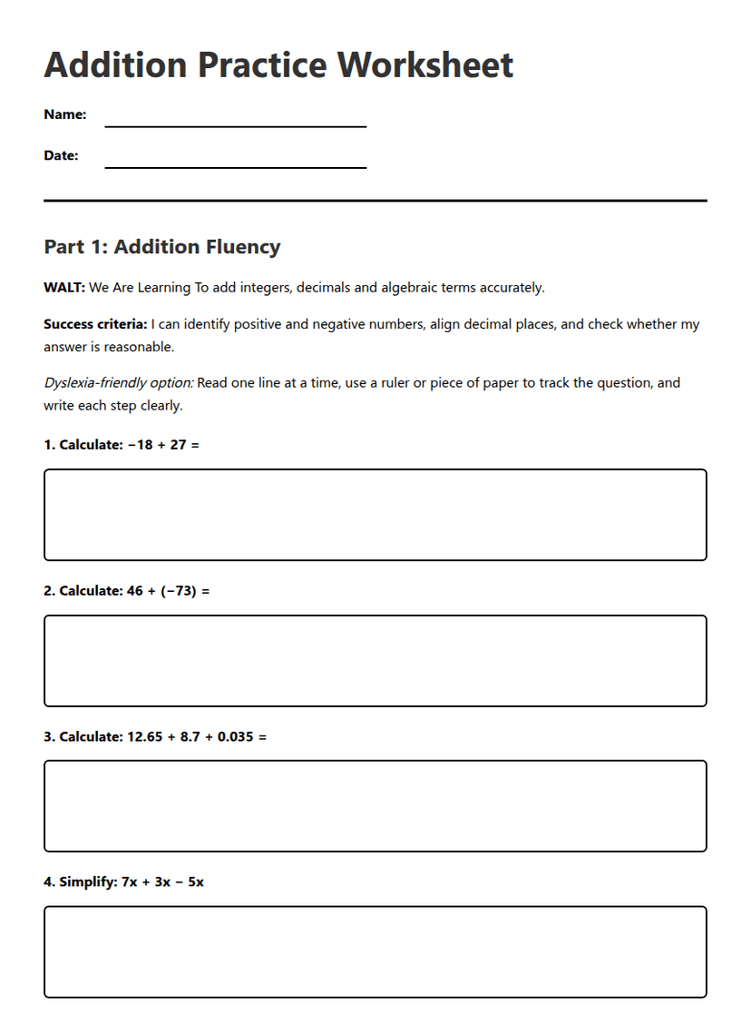 Addition Practice Worksheet