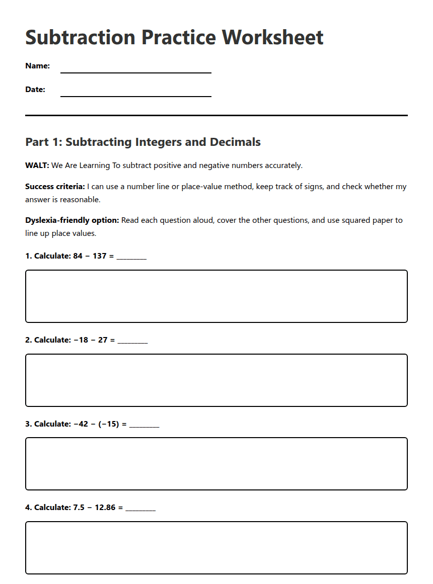 Subtraction Practice Worksheet worksheet preview