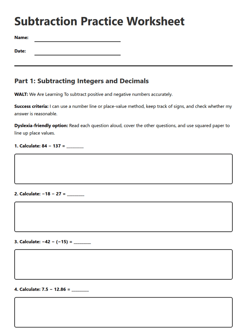 Subtraction Practice Worksheet