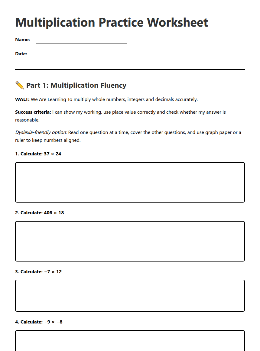 Multiplication Practice Worksheet worksheet preview