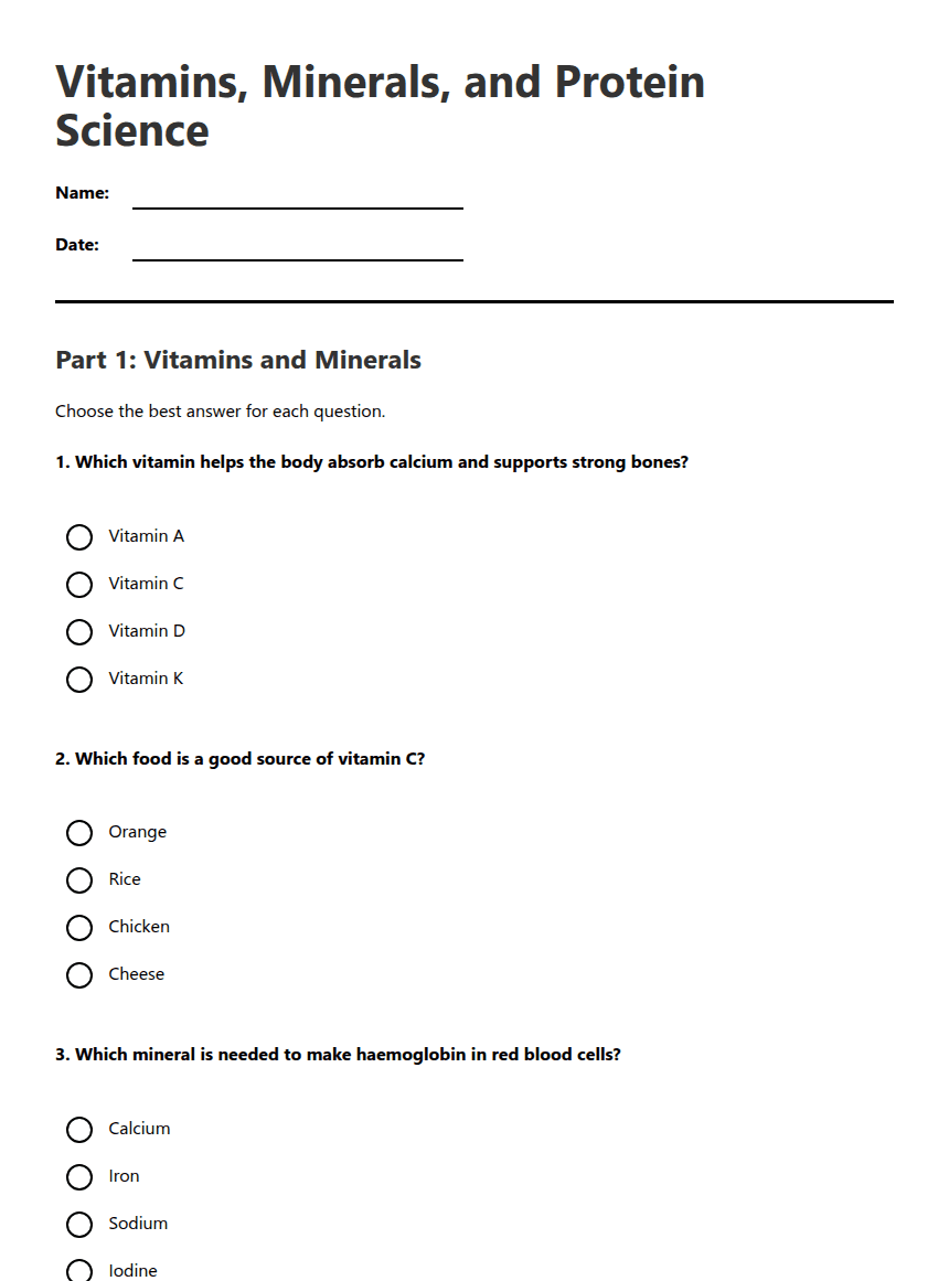Vitamins, Minerals, and Protein Science worksheet preview