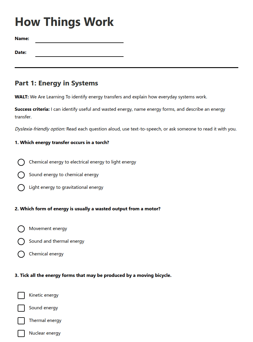 How Things Work worksheet preview