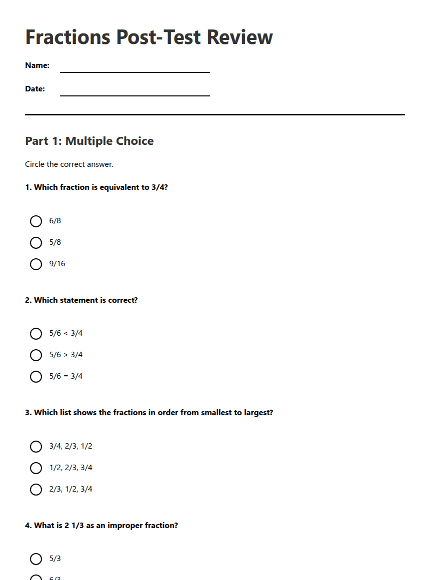 Fractions Post-Test Review worksheet preview