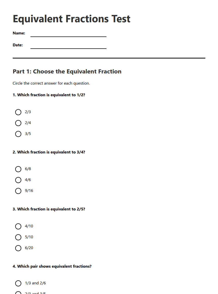 Equivalent Fractions Test worksheet preview