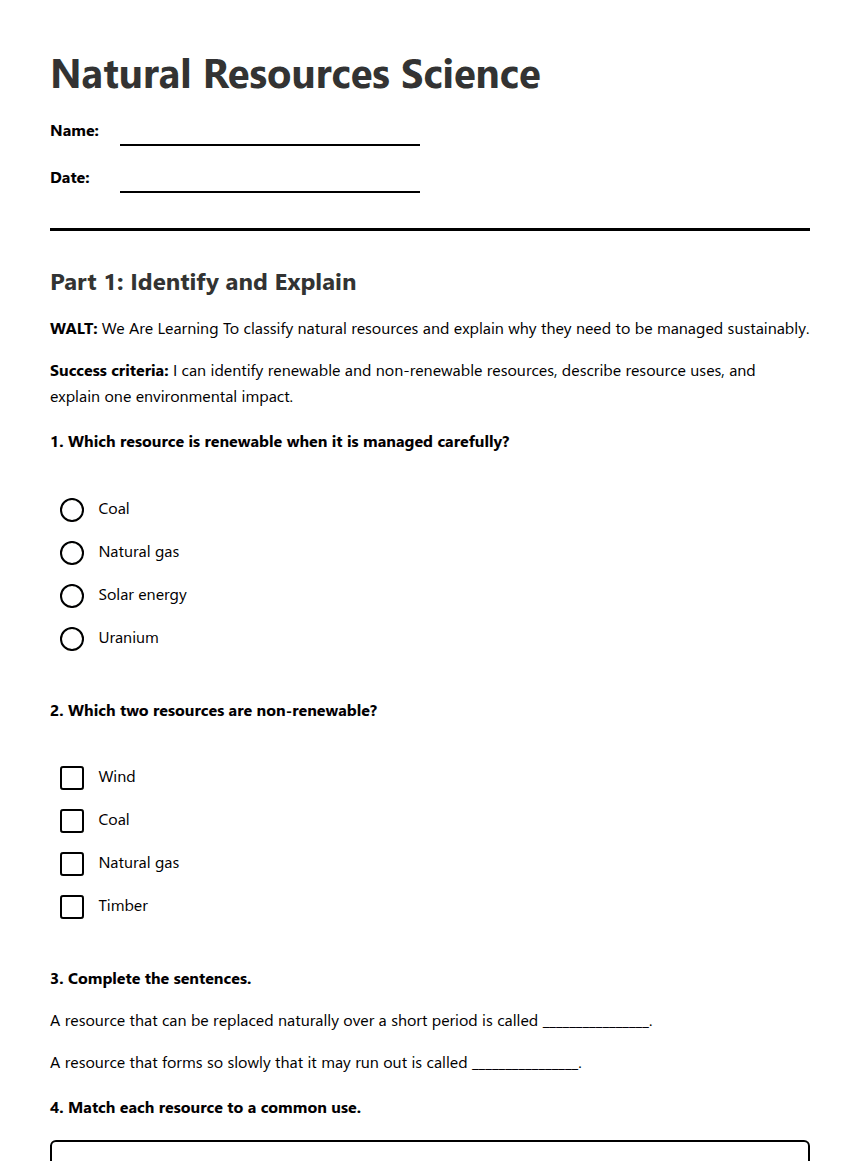 Natural Resources Science worksheet preview