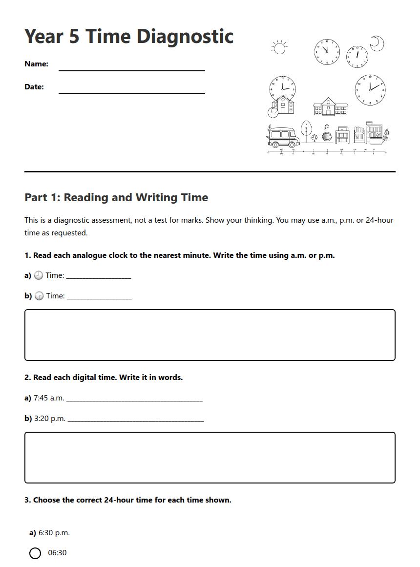 Year 5 Time Diagnostic worksheet preview