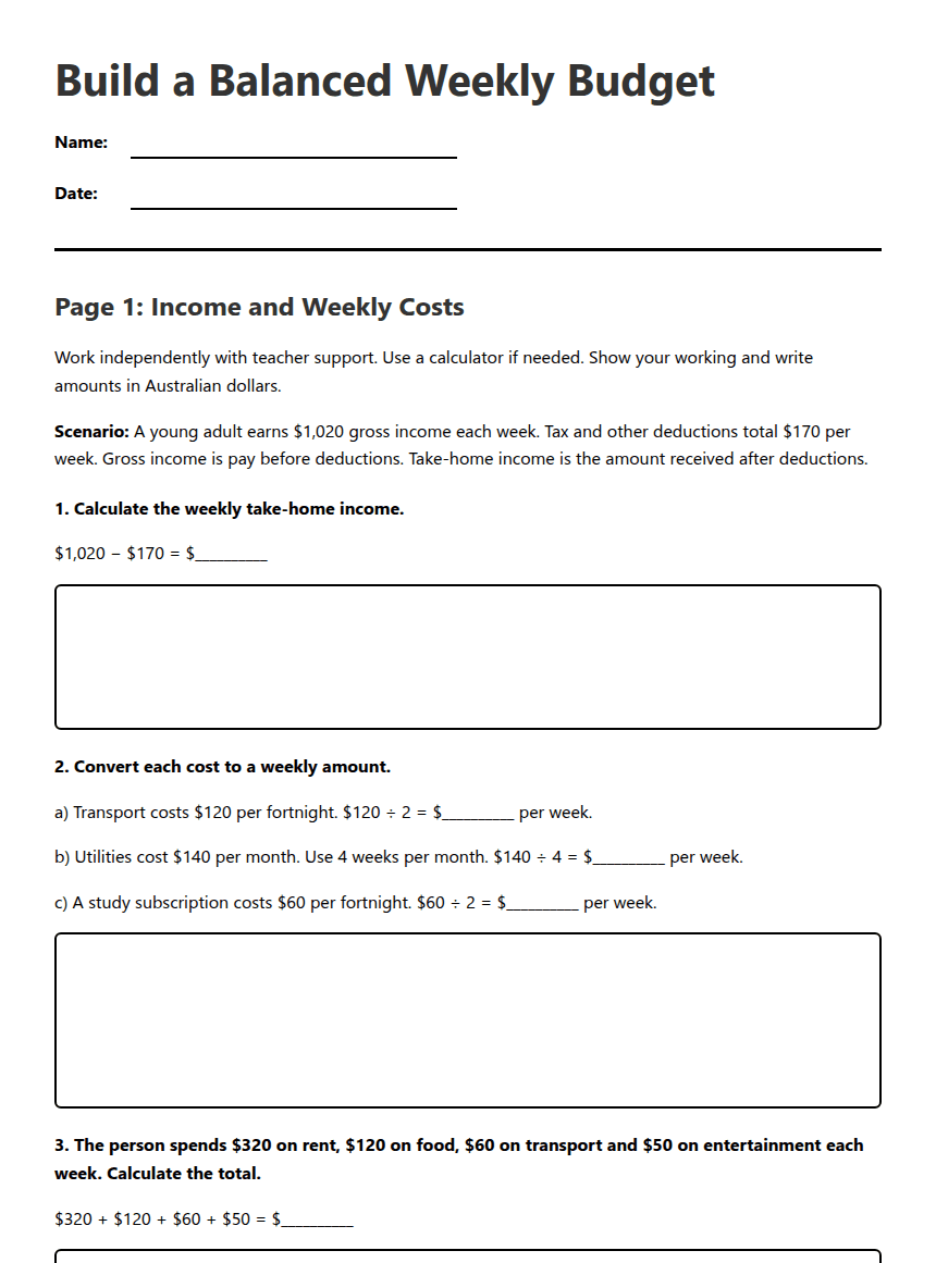 Build a Balanced Weekly Budget worksheet preview