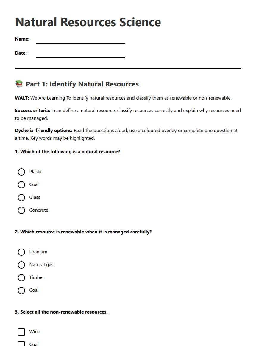 Natural Resources Science worksheet preview