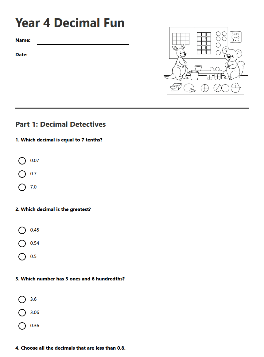 Year 4 Decimal Fun worksheet preview