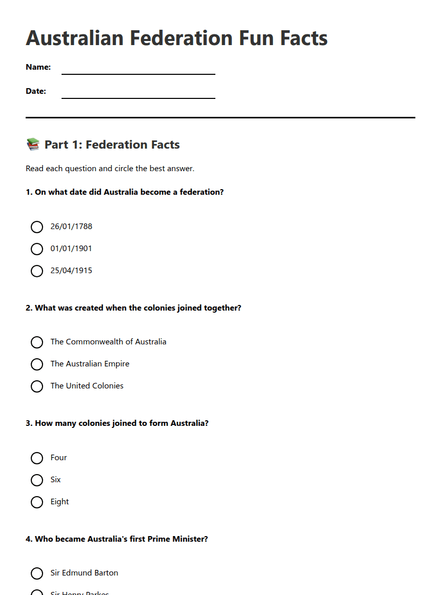 Australian Federation Fun Facts worksheet preview