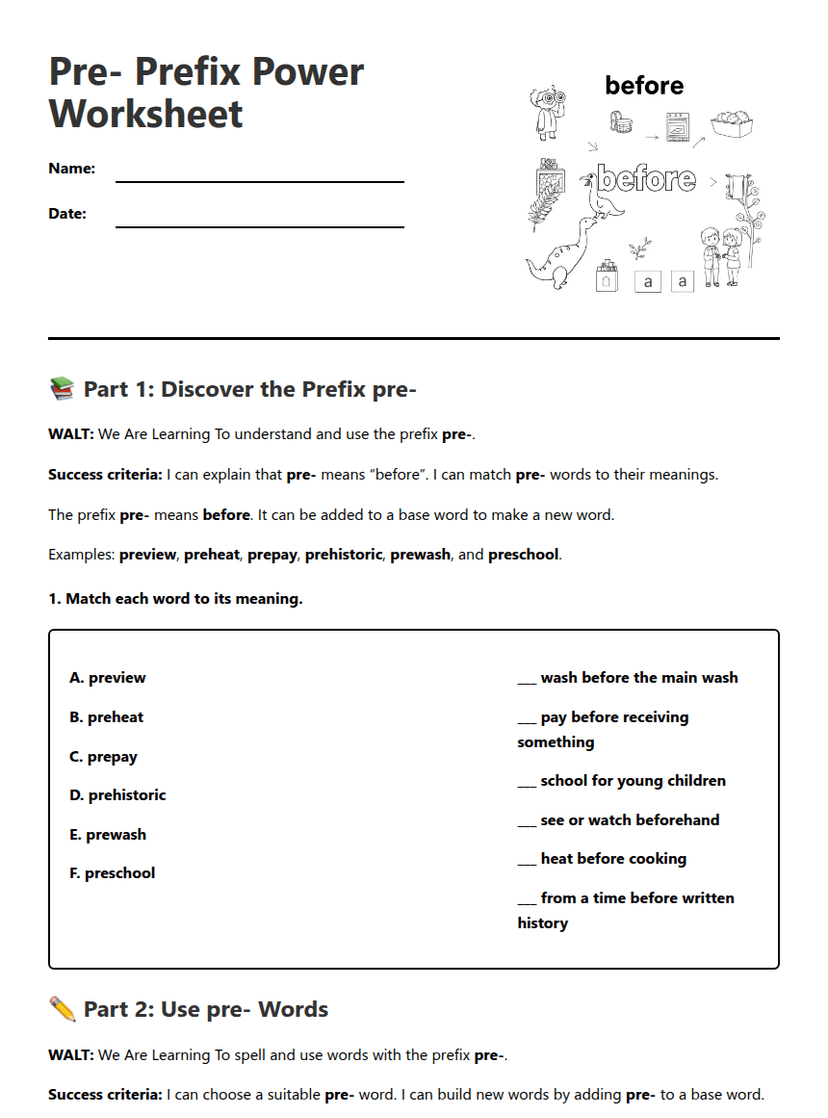 Pre- Prefix Power Worksheet