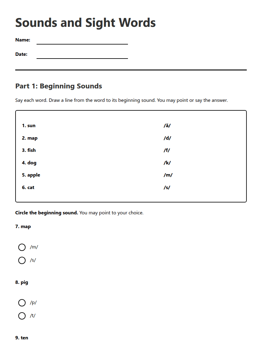 Sounds and Sight Words worksheet preview