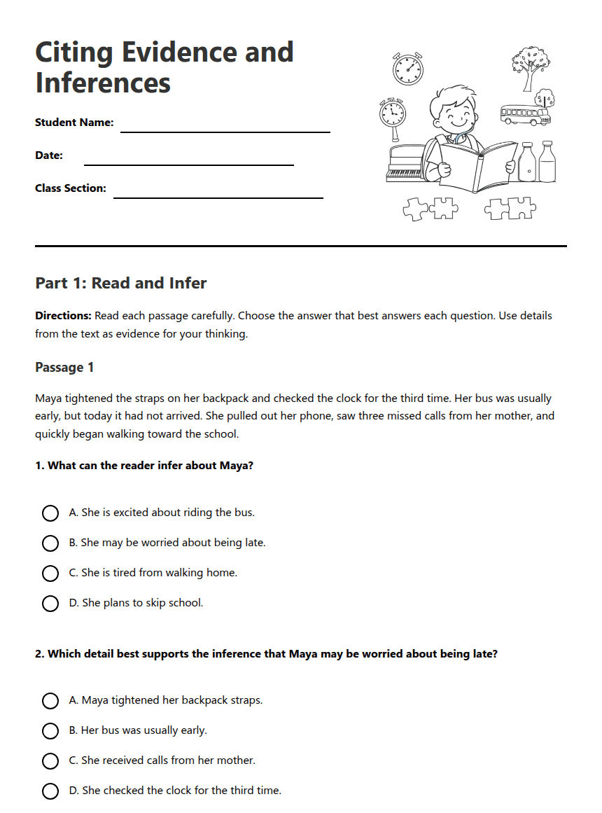 Citing Evidence and Inferences worksheet preview