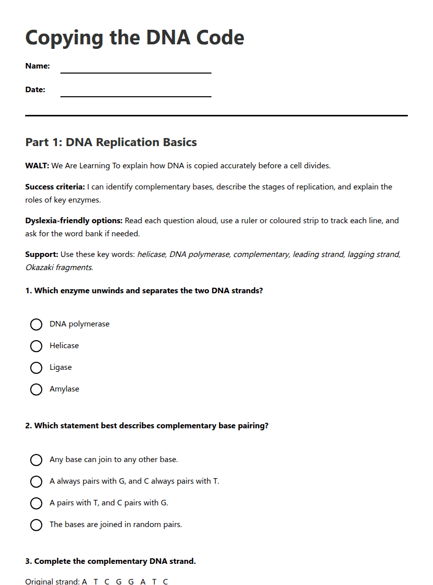 Copying the DNA Code worksheet preview