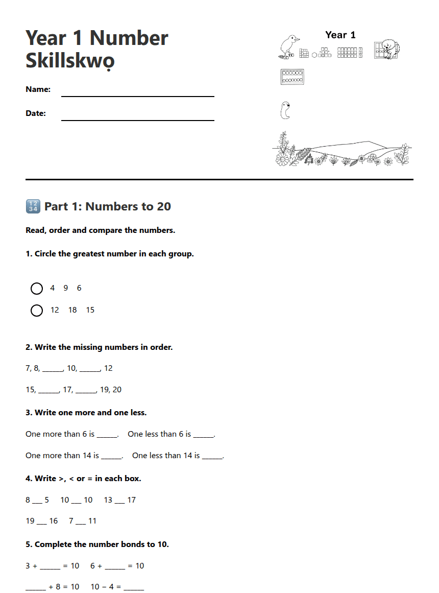 Year 1 Number Skillswaswo worksheet preview