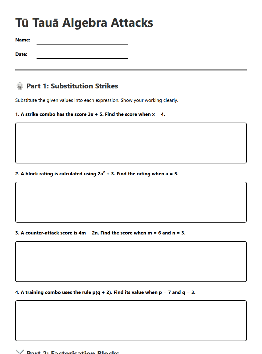 Tū Tauā Algebra Attacks worksheet preview