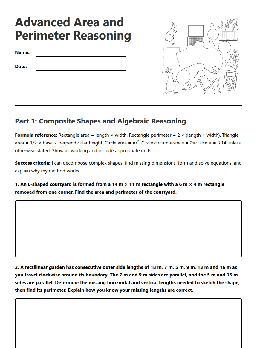 Advanced Area and Perimeter Reasoning worksheet preview
