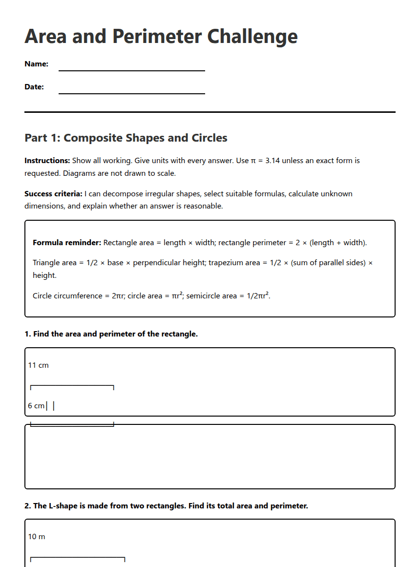 Area and Perimeter Challenge worksheet preview