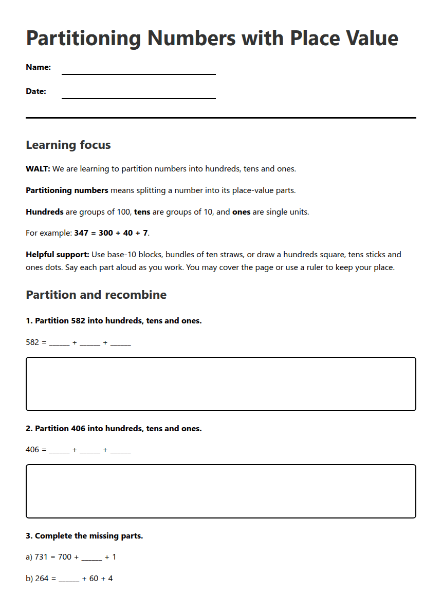 Partitioning Numbers with Place Value worksheet preview