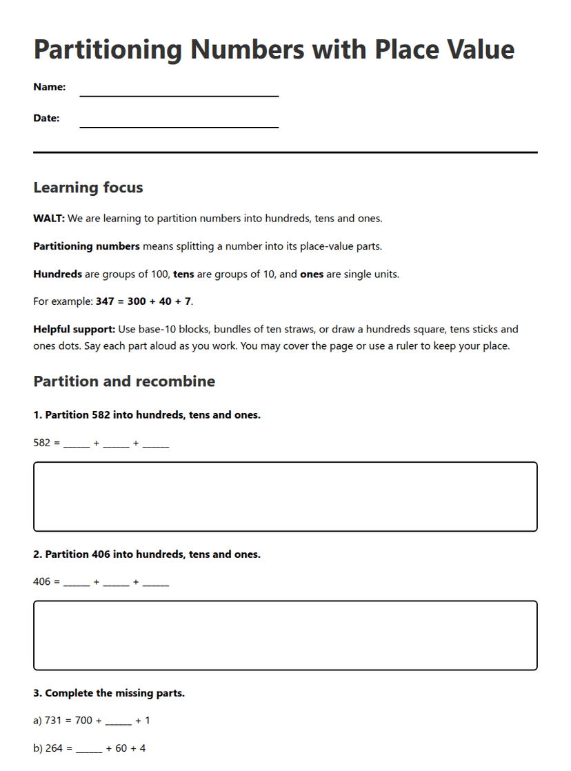 Partitioning Numbers with Place Value