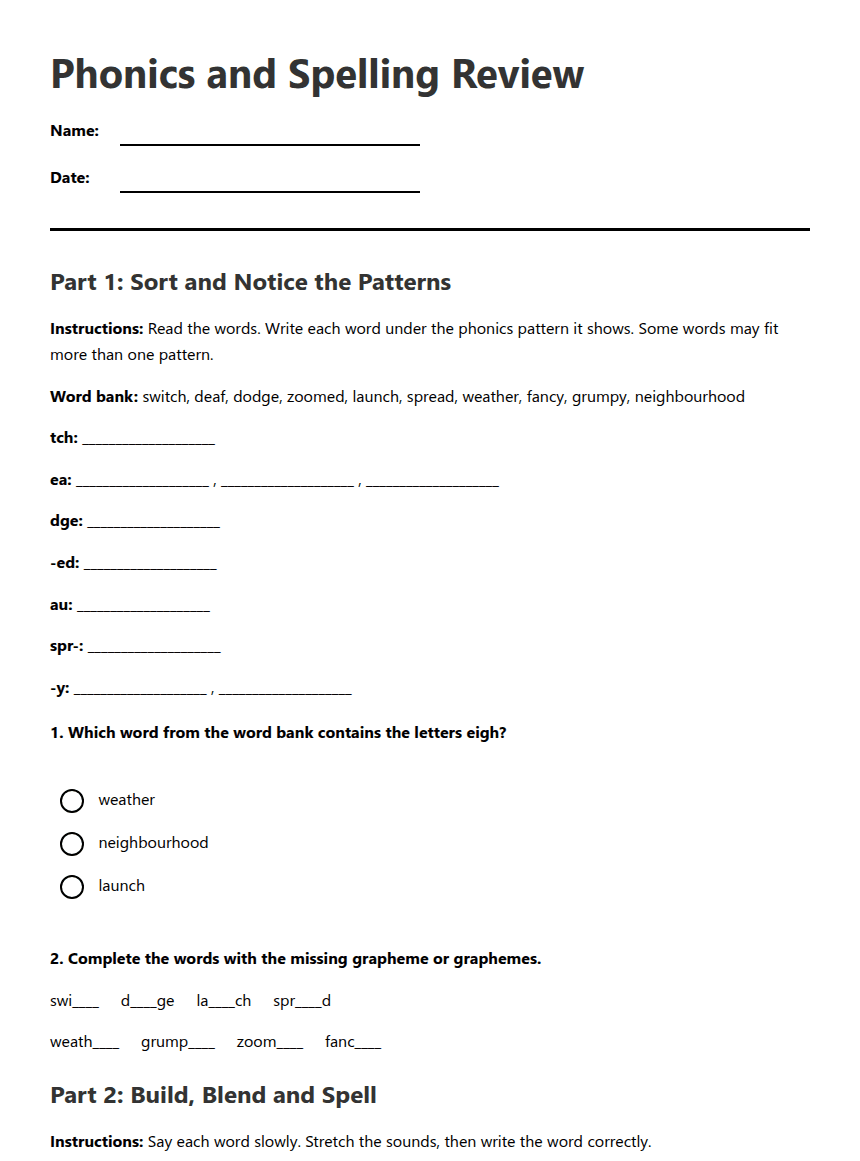 Phonics and Spelling Review worksheet preview