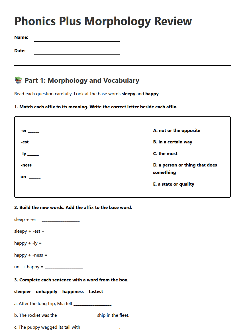 Phonics Plus Morphology Review worksheet preview