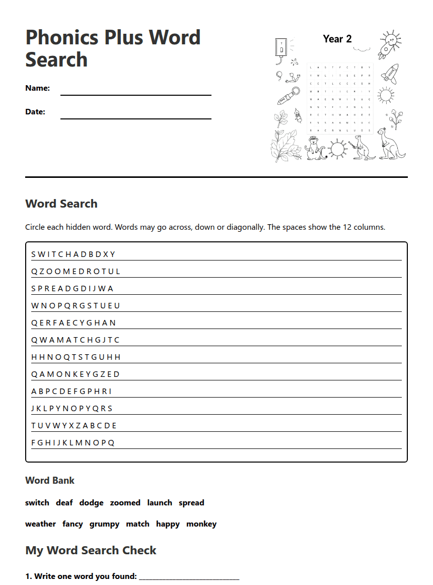 Phonics Plus Word Search worksheet preview