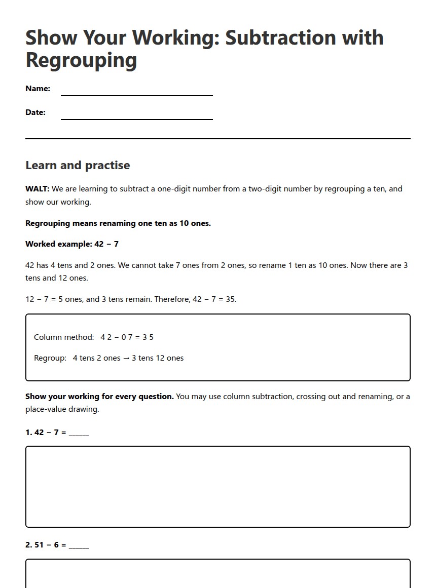 Show Your Working: Regrouping Subtraction worksheet preview