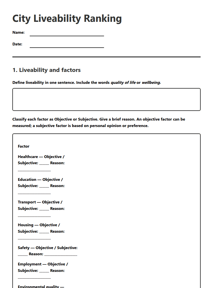 City Liveability Ranking worksheet preview