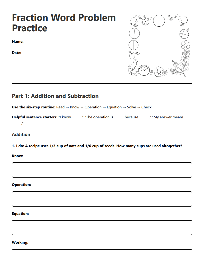 Fraction Word Problem Practice worksheet preview