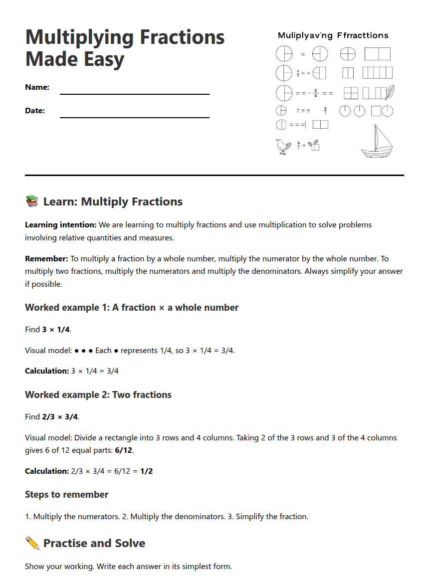 Multiplying Fractions Made Easy worksheet preview