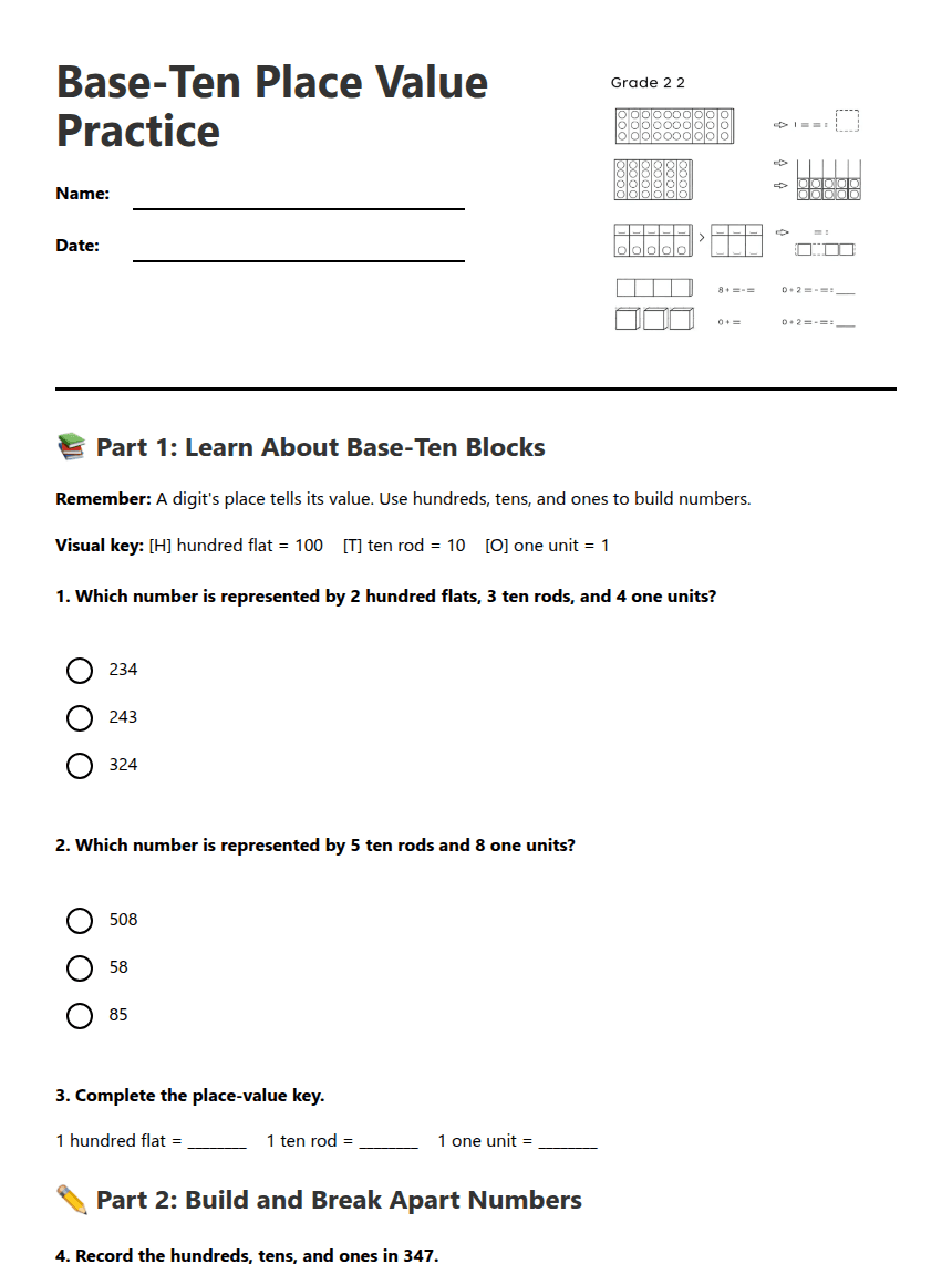 Base-Ten Place Value Practice worksheet preview