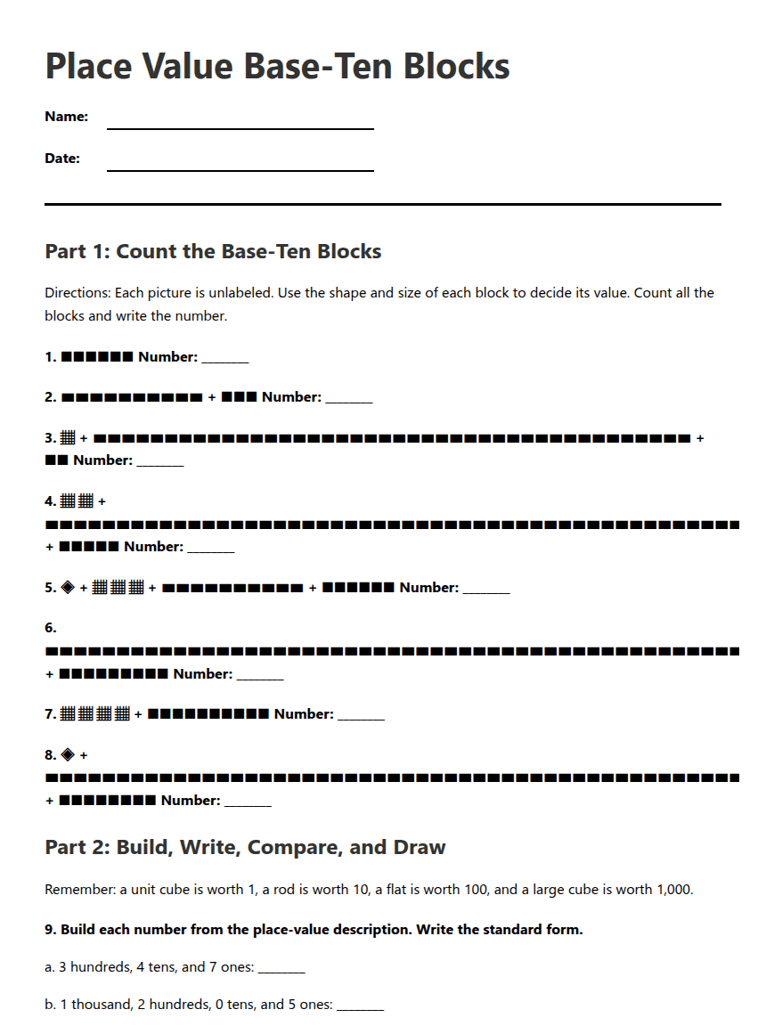 Base-Ten Block Place Value Practice worksheet preview